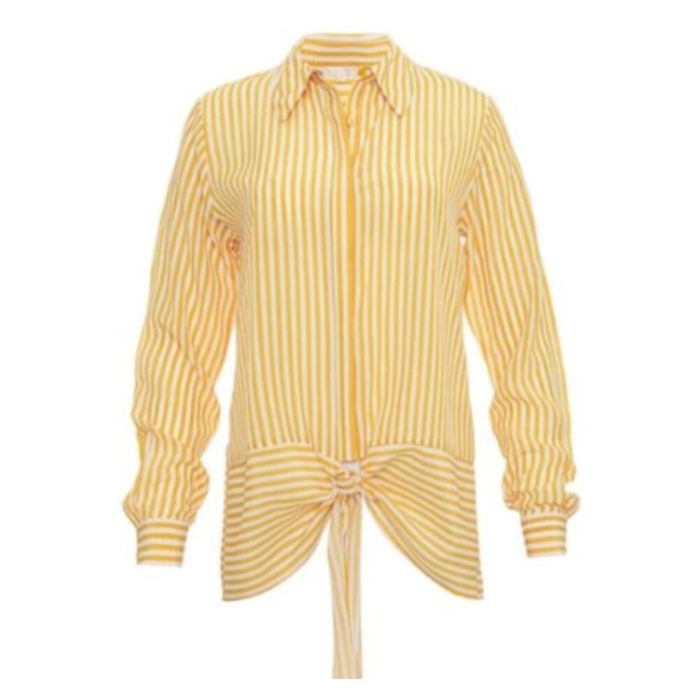 Gold Hawk Striped Stripe Tie Front Silk Blouse in Yellow White Large​​​